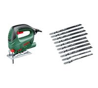 Bosch PST 650 - Sierra de calar con maletín (500 W, 240 V) color verde + 2607010629 Pro Line - Juego de hojas de sierra de calar (10 unidades, para madera)
