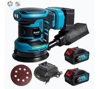 Bostar Lijadora Excéntrica de Batería 18V, Motor Sin Escobillas Ø 125mm, Set con 2x Baterías 3.0Ah (BMS), 21.000 OPM, 6 Niveles Digitales, Compatible con Batería Makita 18V LXT, Madera y Pulido Coche
