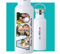 Botella de Agua Térmica Personalizada con Fotos, 500ml, Diseño ABU con 3 Fotos, Regalo para Abuelos y abuelas, dia del padre, dia de la madre.