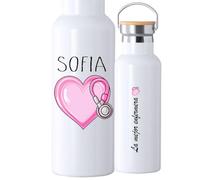 Botella Térmica Personalizada para Veterinaria, Tapa de Bambú, Diseño con Mascota, Nombre y color del pelo personalizado (ESTETOSCOPIO)
