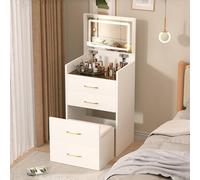 BOWDOW Tocador 3 en 1 60 cm, color blanco, espejo abierto, 3 cajones | Bandeja de cristal transparente, diseño compacto, ideal espacio pequeño, elegante