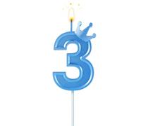BOXOB 7,6cm Velas Cumpleaños Numeros, Azul 3D Velas Cumpleaños Numeros con Corona Velas con Número de Cumpleaños para Cumpleaños Aniversario Fiestas (Número 3)