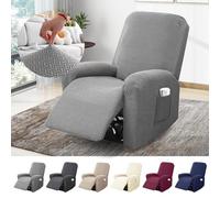 BOYIFEIJIE Funda Sillon Relax Reclinable 1 Plaza, Funda Sofa Relax con Bolsillos, Fundas Elástica de Jacquard a Rayas Diseño Todo Incluido para Sillón Reclinable (Gris Claro, 4-Piezas)