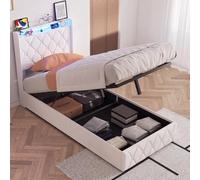 BPKADHY Cama 90 x 200 cm con espacio de almacenamiento, cama tapizada con iluminación LED y base de carga, cama de almacenamiento hidráulico, cama individual con somier y cabecero, terciopelo, beige