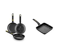 BRA Daily Pro - Set 3 sartenes aluminio fundido 20-24-28 cm antiadherentes tricapa sin PFOA, Color Negro Y Amarillo & A271428 Efficient - Grill Asador con Rayas, Aluminio Fundido Negro, 28 x 28 cm