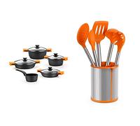 BRA Efficient - Batería 5 piezas, de aluminio fundido con antiadherente, apta ] & Efficient Conjunto De 5 Utensilios De Cocina Y Carrusel, Acero INOX, Nailon y Silicona, Naranja