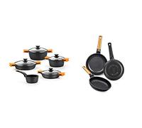 BRA Efficient - Batería 5 piezas, de aluminio fundido con antiadherente + Orange Set de 3 sartenes, aptas para Todo Tipo de cocinas, 20-24-28 cm