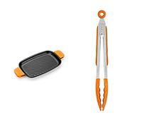 BRA Efficient Iron Parrilla Rectangular Con Rayas, 35 Cm + Efficient Pinza De Cocina, Acero Inox, Nailon Y Silicona, Naranja, 28.5 Cm