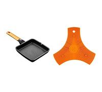 BRA Efficient Orange - Grill Asador Con Rayas, 28 Cm, Aluminio Fundido Con Antiadherente Platinum Plus, Apto Para Inducción + Salvamanteles, Silicona, Naranja, 2 Unidades