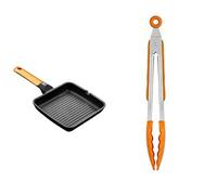 BRA Efficient Orange - Grill Asador Con Rayas, 28 Cm, Aluminio Fundido Con Antiadherente Platinum Plus + Efficient Pinza De Cocina, Acero Inox, Nailon Y Silicona, Naranja, 28.5 Cm