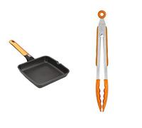 BRA Efficient Orange - Grill Asador Liso, Aluminio Fundido Con Antiadherente Platinum Plus, Apto Para Inducción, 28 Cm + Efficient Pinza De Cocina, Acero Inox, Nailon Y Silicona, Naranja, 28.5 Cm