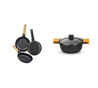 BRA Efficient Orange Set de 3 sartenes, Aluminio Fundido con Antiadherente tricapa Libre de PFOA + Efficient Cacerola Alta con Tapa de Cristal y Asas de Silicona, 20 cm