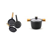 BRA Efficient Orange Set de 3 sartenes, Aluminio Fundido con Antiadherente tricapa Libre de PFOA + Efficient Olla Alta con Tapa de Cristal y Asas de Silicona, 6.8 litros, 24 cm