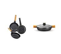 BRA Efficient Orange - Set de 3 sartenes, aluminio fundido con antiadherente tricapa libre de PFOA + Efficient - Cacerola baja con tapa de cristal y asas de silicona extraíbles, 30 cm