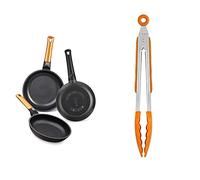 BRA Efficient Orange Set De 3 Sartenes, Aluminio, Negro, 20-24-28 cm [Amazon Exclusive] + Efficient Pinza de Cocina, Acero INOX, Nailon y Silicona, Naranja, 28.5 cm