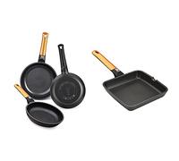 BRA Efficient Orange Set De 3 Sartenes, Aluminio, Negro, 20-24-28 Cm + Efficient Orange Grill Asador Liso, Aluminio Fundido Con Antiadherente Platinum Plus, Apto Para Inducción, 28 Cm