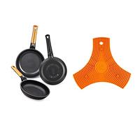 BRA Efficient Orange Set De 3 Sartenes, Aluminio, Negro, 20-24-28 Cm + Salvamanteles, Silicona, Naranja, 2 Unidades