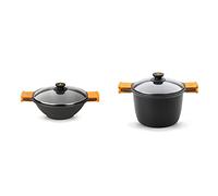 BRA Efficient - Sartén Wok/cacerola cóncava 28 cm, con tapa de cristal, asas de silicona & Efficient - Olla alta con tapa de cristal y asas de silicona, 6.8 litros, 24 cm, Color Negro