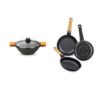 BRA Efficient - Sartén Wok/cacerola cóncava 28 cm, con tapa de cristal, asas de silicona & Efficient Orange Set De 3 Sartenes, Aluminio, Negro, 20-24-28 cm [Amazon Exclusive]