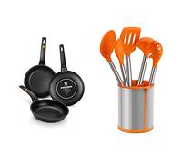 BRA Efficient-Set de 3 sartenes, 20-24-28 cm, aluminio fundido con antiadherente Platinum Plus, NEGRO [Amazon Exclusive] & Efficient Conjunto De 5 Utensilios De Cocina Y Carrusel, Acero INOX, Naranja