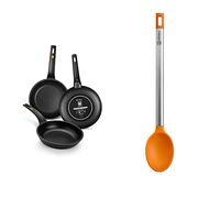BRA Efficient-Set De 3 Sartenes, 20-24-28 Cm, Aluminio Fundido con Antiadherente Platinum Plus, Negro + Efficient Cuchara De Cocina, Acero INOX, Nailon Y Silicona, Naranja, 35 Cm