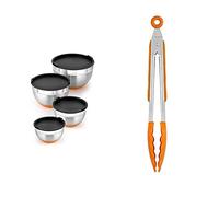 BRA Efficient- Set de 4 boles de acero inoxidable (12-16-20-24 cm) & Efficient Pinza de Cocina, Acero INOX, Nailon y Silicona, Naranja, 28.5 cm