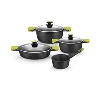 BRA Foodie - Batería de Cocina 7 Piezas de Aluminio Fundido con Antiadherente Tricapa sin PFOA - Apta para Inducción y Horno - Con Tapas de Cristal y Asas de Silicona Verdes - Diseño Moderno y Resiste