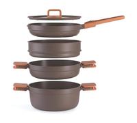 BRA Juego de 5 piezas de batería de cocina apilable antiadherente para placa de inducción con sartén de 24 cm, cazuelas altas y poco profundas, vaporera y tapa de vidrio templado. Juego de utensilios