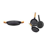 BRA Paellera, Negro, 40 cm + Efficient Orange Set de 3 sartenes, Aluminio Fundido, aptas para Todo Tipo de cocinas, 20-24-28 cm