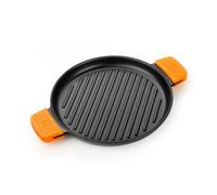 Bra - Parrilla Redonda con Rayas Efficient Iron, Hierro Fundido Esmaltado, Apta Inducción y Horno, Incluye 2 Asas Silicona