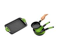 BRA Plancha Asar, Negro, 40 cm Prior Set de 3 Sartenes, Aluminio Fundido Antiadherente, Incluye dos Salvamanteles Safe Verdes, Aptas para Todo Tipo de Cocinas Incluida Inducción, 18-22-26 cm