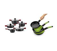 BRA Premiere Batería 5 Piezas De Aluminio Fundido con Antiadherente, Apta para Todo Tipo De Cocinas Incluso Inducción + Prior Set De 3 Sartenes, Aluminio, Negro, 20-24-28 Cm