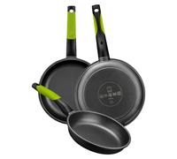 BRA Prior | Juego de 3 sartenes, de 20, 24 y 28 cm, de aluminio fundido con revestimiento antiadherente, incluye dos protectores de seguridad verdes, aptas para todo tipo de cocinas, incluyendo inducc