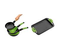 BRA Prior - Set de 3 sartenes, aluminio fundido antiadherente, 18, 22 y 26 cm, incluye dos salvamanteles Safe verdes + Plancha Asar, Aluminio, Negro, 40 cm