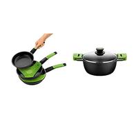 BRA Prior - Set De 3 Sartenes, Aluminio Fundido Antiadherente, Incluye Dos Salvamanteles Safe Verdes + Prior Cacerola Alta Con Tapa De Cristal Y Asas De Silicona, 24 Cm