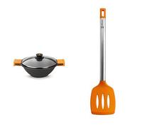 BRA Sartén Wok, Cacerola Cóncava, Con Tapa De Cristal, Asas De Silicona, Metal, Negro, 24 Cm + Efficient Espátula De Cocina, Acero Inox, Nailon Y Silicona, Naranja, 36.5 Cm