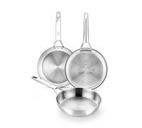 BRA Signature | Set 3 Sartenes 20-24-26, Acero Inox 18/10 Profesional Sin Antiadherente, Triple Fondo Difusor Apto Todo Tipo De Cocinas E Inducción, Acabado Pulido