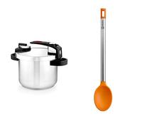BRA Tekna - Olla a presión rápida 6 litros, acero Inoxidable, apta para todo tipo de cocinas, incluido inducción, gris & Efficient Cuchara de Cocina, Acero INOX, Nailon y Silicona, Naranja, 35 cm
