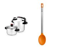 BRA Tekna Set de Ollas a Presión Rápida, Acero Inoxidable, Gris, 24 cm, 7+4 litros & Efficient Cuchara de Cocina, Acero INOX, Nailon y Silicona, Naranja, 35 cm
