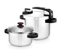 BRA Tekna Set Olla a presión de fácil Apertura 4+7 litros, Fabricada en Acero Inoxidable 18/10, con 2 Programas de Cocción y Sistema de Bloqueo de Apertura, Apta para Todo Tipo de Cocinas