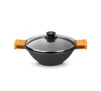 BRA Efficient | Sartén Wok/Cacerola cóncava con Tapa de Cristal, Asas de Silicona, Metal, Negro, 32cm