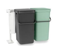 Brabantia - Cubo de Basura Sort & Go 2x16L - Papelera Empotrada Doble - Tapa en Posición Abierta - Asa de Transporte - Fácil de Limpiar - para Debajo de la Cocina - Grey/Jade Green - 52 x 37 x 43 cm
