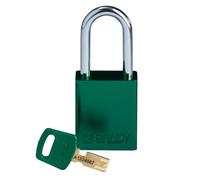 Brady SafeKey - Candado de aluminio - Candado de bloqueo con llave - Bloqueo de seguridad para uso en interiores y exteriores - Altura del grillete de 38,10 mm - Con llave diferente - Verde