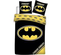 BrandMac Batman - Juego de cama individual | Funda de edredón de 140 x 200 cm con funda de almohada de 60 x 65 cm, 100% algodón, diseño clásico de señal de murciélago negro y amarillo | Decoración de