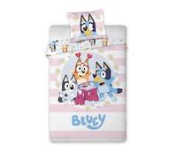 BrandMac Bluey & Family - Juego de funda nórdica de 140 x 200 cm con funda de almohada de 50 x 70 cm | Juego de cama oficial Bluey | Dibujos animados rosa para cama infantil de 1 plaza