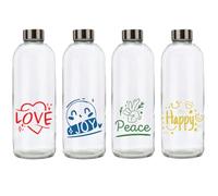 BrandPrint Botella Agua Cristal 1 Litro Eos - Set 4 Love Joy Peace Happy | Botellas de cristal reutilizables, aptas para lavavajillas. Tapón de rosca color plata. Serigrafía Made in Italy.