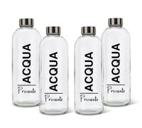 BrandPrint Set de 4 botellas de cristal modelo EOS 1 litro. Tapon de rosca encluido. Serigrafia (Frizzante). Idioma Italiano