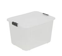 BranQ Home essential, Velur - Caja de almacenamiento resistente de 30 l con tapa con cierre de clip, sin BPA, de plástico, apilable, ideal para el hogar y el garaje, blanco transparente