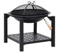 Brasero con atizador, 54 x 54 x 55 cm, acero negro | Estante de 44 x 44 cm, tapa de malla, anillo cómodo, leña, uso exterior