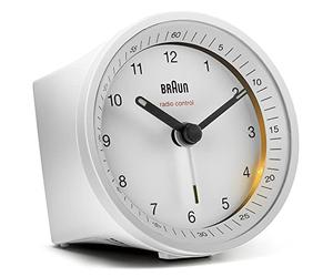 Braun Classic Radio Controlled Analogue Alarm Clock For Central European Time Zone (DCF/GMT+1) with Snooze and Light, Quiet Quartz Movement, Crescendo Beep Alarm in White, Model BC07W-DCF.